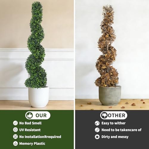 Artificial Spiral Topiary Trees Set of 2, 4ft Faux Boxwood Topiary, UV Resistant & Fade Resistant, Year-Round Greenery for Indoor Outdoor Home, Porch, Patio, Garden Decor