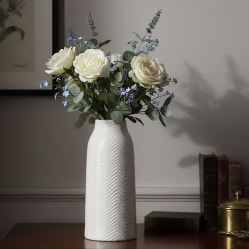 hjn White Vase for Flowers Ceramic Vase for Decor, Modern Decorative Tall Vases for Your Kitchen/Office/Living Room/Bookshelf/Mantel - White Texture(Medium) - size: 6D'' x 12"H
