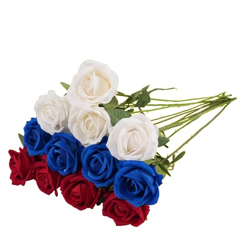 12PCS Artificial Realistic Silk Fake 3-Colored Roses Long Stem | 3 Colors Mixed Roses For Wedding Decoration, Party Table Decoration, Valentines Mother's Day - color: 4 Red/4 White/4 Blue