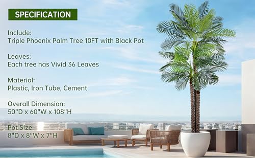 Artificial Triple Phoenix Palm Tree 10ft with 36 Leaves Realistic Tropical Coconut Areca Sago Palm Tall Large Faux Plant 106 Inch Black Pot for Indoor Home Office Porch Mall School Decor - size: 10ft