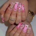 Flower Press on Nails Medium Square Fake Nails Pink False Nails with Embossed Rhinestone Designs Wild Flowers Glossy Stick on Nails Glue on Nails Acrylic Nails for Women Girls 24 Pcs - color: Flower Square34