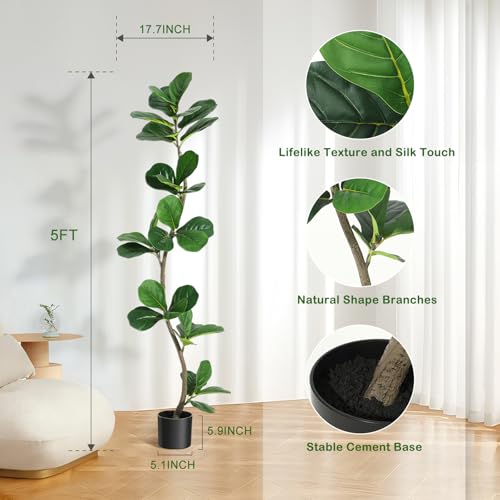GarveeHome Artificial Fiddle Leaf Fig Tree - 5 ft Fake Plant with Black Nursery Planter, Large Fake Tree for Home or Office Decor - Artificial Plants Indoor Outdoor, Housewarming Gift - size: 5ft