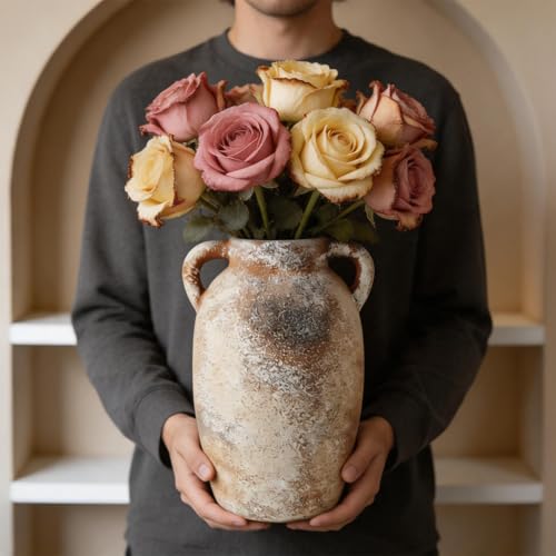 Ceramic Flower Vase, 9.8" Rustic Farmhouse Vase with Glazed Interior, Decorative Pottery Vase for Fresh Flowers, Eucalyptus, Dining Table Centerpiece, Entryway and Mantel Decor - color: Rustic-6.7"l X 6.9"w X 9.8"h