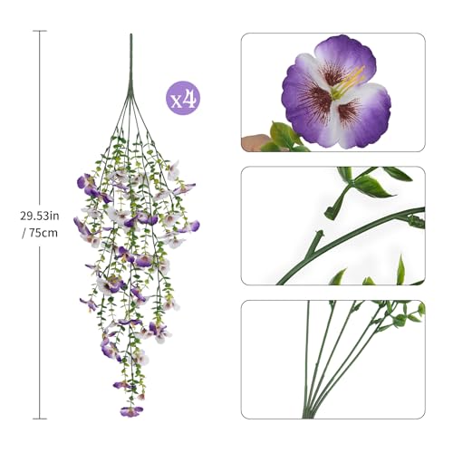 Artificial Hanging Flowers for Outdoors, 4 PCS 29.5in UV Resistant Faux Outdoor Hanging Plants Pansy Flowers Fake Cascading Floral Vines for Porch Patio Balcony Pergola, Purple White - color: White&purple