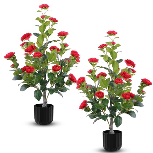 Hananona 2 Pcs Artificial Camellia Trees Faux Camellia Plant in Pot with Flowers Indoor Plants for Spring Home Decor Outdoor Porch Front Door Decor (Red, M) - color: Red