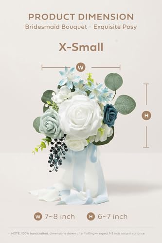 Ling's moment Artificial Bridesmaid Bouquets Set of 6,Dusty Blue Wedding Flower Bouquets White Rose Floral Bouquet Bridal Bouquets with Ribbon,Ceremony,Anniversary,7-inch Diameter - color: Blu-dusty Blue & Navy Blue