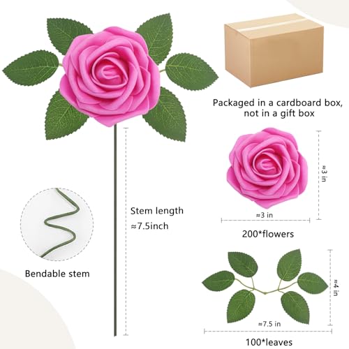 200PCS Hot Pink Realistic Roses - Artificial Latex Foam Flowers with Bendable Stems & 100PCS Leaves for Wedding, Home and Party DIY Decor - color: Hot Pink, size: 200