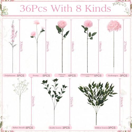 Suncalla 36 Pcs Pink Artificial Flowers Bouquet Set 8 Kind Faux Delphinium Rose Peony Chrysanthemum Hydrangea Baby's Breath Florals with Greenery Long Stem for Wedding Table Vase Decor - color: Pink