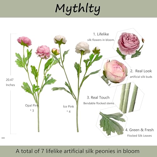 7 Stems Ice Pink & Opal Pink Artificial Ranunculus Flowers, Silk Fake Ranunculus with Adjustable Fuzzy Stems for Home Wedding Party Decor, Silk Flowers for Home Table Centerpiece Office Decoration - color: Ice Pink & Opal Pink