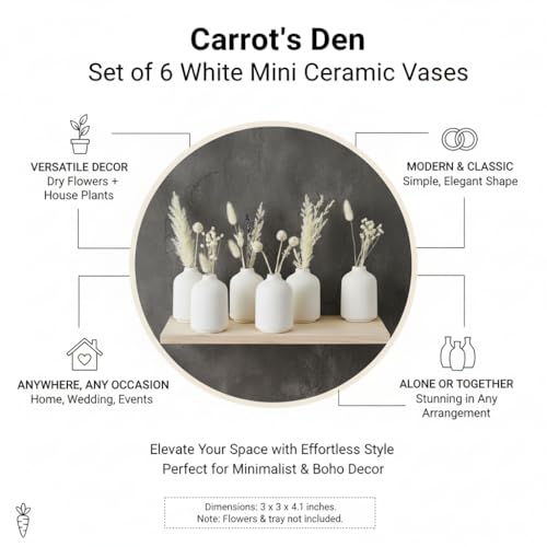 Carrot's Den - Set of 6 White Mini Ceramic Vases for Home Decor | Boho Bud Vases in Bulk for Dry Flowers + House Plants | Wedding, Home, Centerpiece, Modern, Japandi, Farmhouse, Minimalist