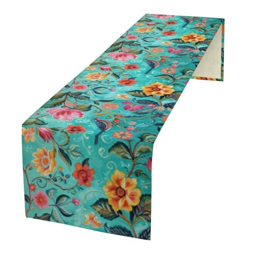 Flowers Birds Spring Table Runner, Colorful Birds Branches Blue Floral Seasonal Kitchen Dining Table Decoration for Home Party Decor 13x36 Inch - color: Bird_3, size: 13x36inch