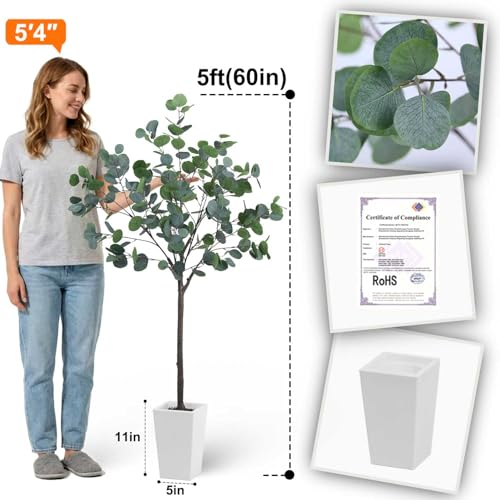 Aveyas 5ft Artificial Eucalyptus Tree for Home Decor, 5 Feet Large Faux Floor Plant Fake Silk Trees with Pot for Indoor Outdoor House Living Room Office (5 ft Tall Including Raised Pot) - color: Eucalyptus Tree (5ft)