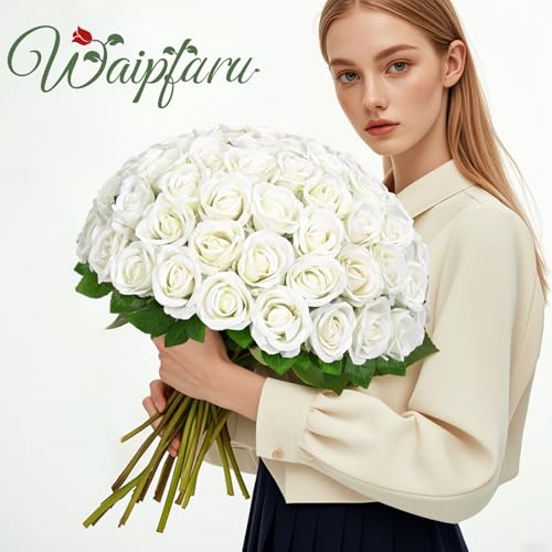 Waipfaru 50 Pcs White Roses Artificial Flowers Bulk, Real Touch Velvet Roses with Wrapping Paper, Fake Flowers for Wedding Centerpieces Bridal Bouquet Valentines Mothers Day Decor - color: White, size: 50 Pcs