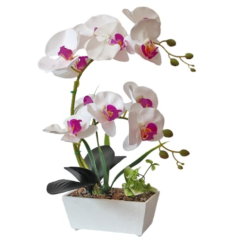 White Orchids Artificial Flowers Fake Orchid in Pot Phalaenopsis Flower Large Faux Orchid Plant Real Looking Fake Flowers Table Decor for Living Room Centerpieces Indoor Bathroom Plants - color: White