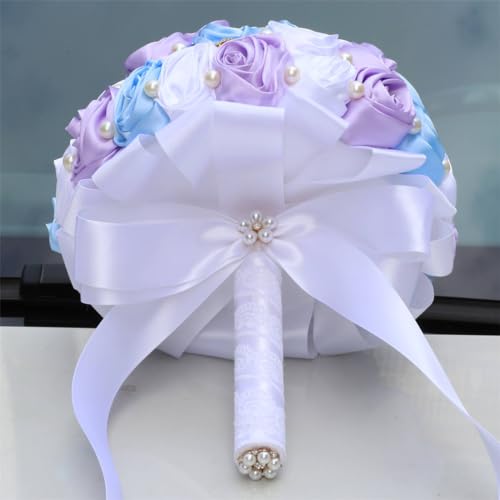 MaxxCloud 7.1‘’ Handmade Romantic Toss Bouquet for Bride Stunning Bridesmaid Brooch Wedding Bouquet with Jewelry Petals Blue Lavender and Ivory - color: Blue+lavender+ivory, size: 7.1''/18cm