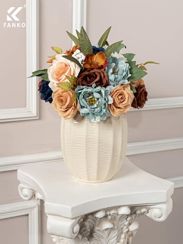 FANKO Artificial Flowers for DIY, Navy Blue Brown Peach Faux Flowers Bouquet, Colorful Fake Rose Peony Poppy Silk Flowers for Vase, Home Decor, Garland, Summer Wedding, Birthday, Party - color: Retro Blue Brown