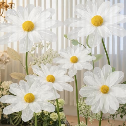 6 Pcs White Large Daisy Flowers for Decoration 12'' 15.8'' 20'' Giant Silk Artificial Flower Fake Daisy for Wedding Garden Birthday Party Bridal Baby Shower Decor, Rod is Not Included - color: White