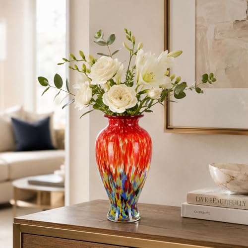 olirum 11.8" Tall Hand Blown Red Art Glass Vase, Colorful Speckled Opaque Vase for Flowers, Table Centerpiece Decor, Living Room Dining Table, Shelf Mantel Display (Red) - color: Red