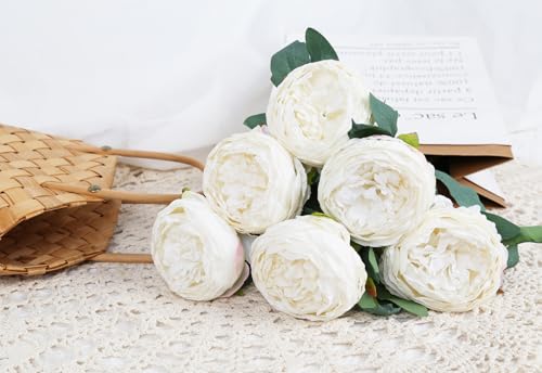 White Peonies Artificial Flowers,6PCS Vintage Faux Peony Flowers 19.7" Silk Peonies with Stems for Wedding Bridal Bouquet Home Party Office Decoration(White) - color: White