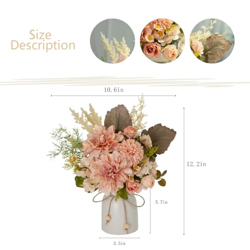 Fake Flowers with Vase Silk Dahlia Artificial Flowers in Vase Faux Hydrangea Flowers Arrangements with Vase for Home Office Decoration Dining Table Centerpiece (Pink) - color: Pink