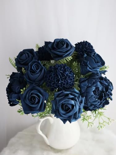 Navy Blue Artificial Flowers Combo Mixed Flowers with Stem for DIY Wedding Bouquets Centerpieces Baby Shower Party Home Decorations - color: Classic Navy Blue