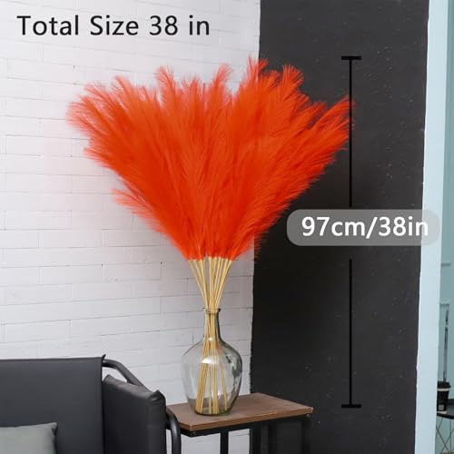 38" 10 Stems Orange Pampas Grass Decor - Tall Faux Pampas Grass for Floor Vase Fluffy Artificial Pampas Grass for Boho Home Wedding Mothers Day Decoration - color: Orange
