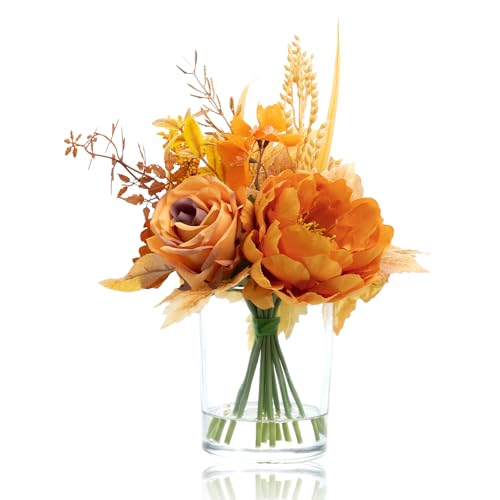 WELL KNOWN Artificial Flowers in Glass Vase, Orange Wrist Gold Silk Rose Peony Flower Bouquet with Fake Water for Fall Winter Home Dinning Table Wedding Christmas Party Lavatory Kitchen Decor & Gift - color: Orange Wrist Gold