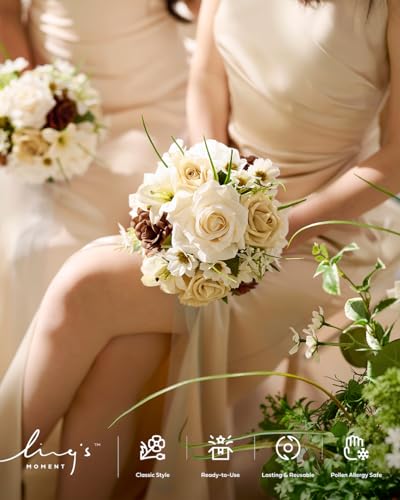 Ling's moment Artificial Flowers Fake Silk Daisy Faux Gardenia Foam Roses Combo for DIY Wedding Bouquets Centerpieces Arrangement Bridal Shower Party Home Decoration, Tawny Beige & Earth Brown, 24pcs - color: Beg-tawny Beige & Earth Brown