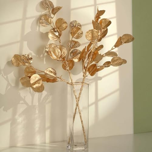 Efavormart 2 Pack 27 inch Metallic Gold Artificial Round Eucalyptus Leaf Branches, Faux Decorative Bouquets for Modern Interior Staging and Event Accents - color: Type11