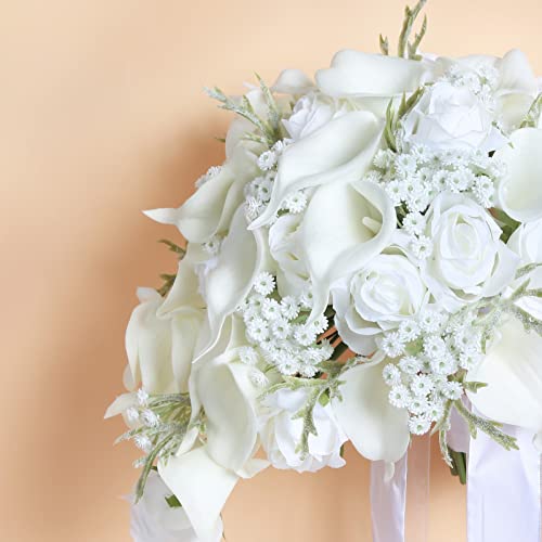Bride Bouquets for Wedding,11 Inch White Calla Lily Cascading Bridal Bouquet Silk Flowers for Ceremony Anniversary Wedding Bridal Shower(Natural Whites) - color: Natural Whites