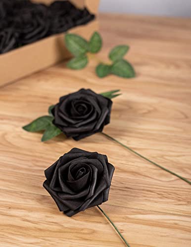 25pcs Artificial Flower Foam Rose Real Touch Roses Flower Heads with Stem for DIY Wedding Bouquets Centerpieces Arrangements Party Baby Shower Home Decor (Black) - color: Black