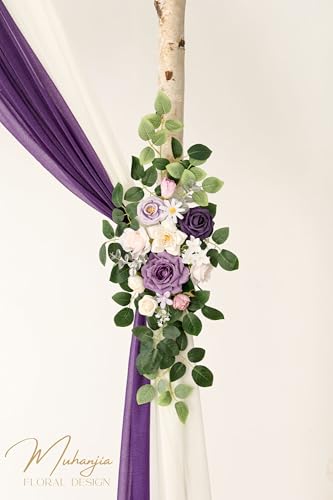 Muhanjia Artificial Wedding Arch Flowers Kit(Pack of 4),2Pcs Artificial Flower Arch Decor, 2Pcs Chiffon Fabric Drapes, Ceremony Decoration, Floral Outdoor Party Decor (Violet & Champagne) - color: Violet & Champagne