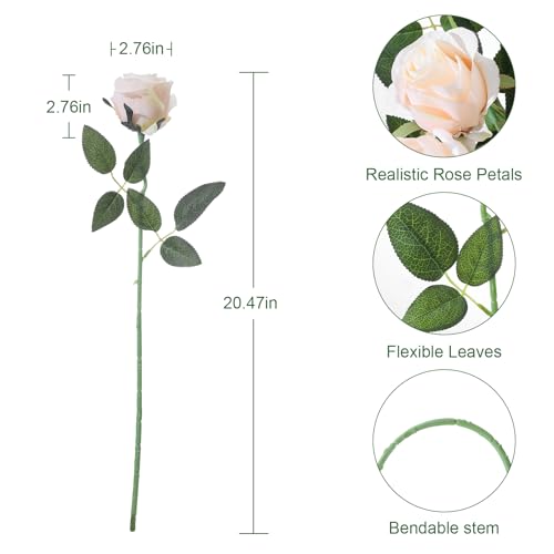 12Pcs Realistic Fake Cream Roses Faux Flowers with Long Stems, Artificial Silk Rose Flowers for Valentines Day Home Wedding Decor Bridal Bouquet - color: Cream