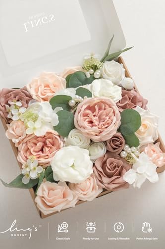 Ling's moment Fake Flowers Box, Faux Artificial Greenery Stems Foam Roses Gardenia Silk Ranunculus Peony Fabic Flower for Centerpieces Bouquet Wedding Vase, Dusty Rose & Pale Peach, Grand Combo - color: Pk-dusty Rose & Pale Peach, size: Grand