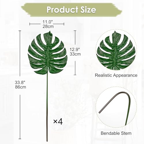 DILATATA 4 Pack Artificial Monstera Leaves with Long Stem for Vase - Fake Tropical Plants Palm Leaves Realistic Philo Turtle Leaves for Home Wedding Party Decor - Large - color: Large Monstera#pe 4pcs