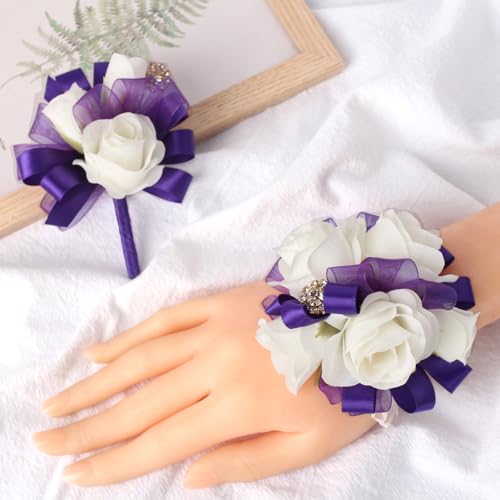 Wrist Corsage and Boutonniere Set Ivory Rose Corsage Wristlet for Homecoming Wedding Party Groom Bride Artificial Flower (Purple and Ivory) - color: Purple and Ivory