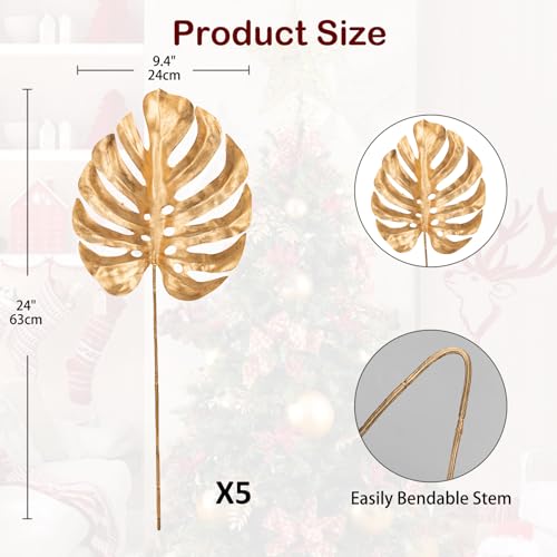 DILATATA 5 Pcs Artificial Monstera Leaves with Stem 24 Inch Golden Tropical Monstera Plant Gold Palm Leaves Philodendron Monstera Fronds for Wedding Hawaiian Luau Jungle Party Decorations - color: Monstera#gold Pe 5pcs