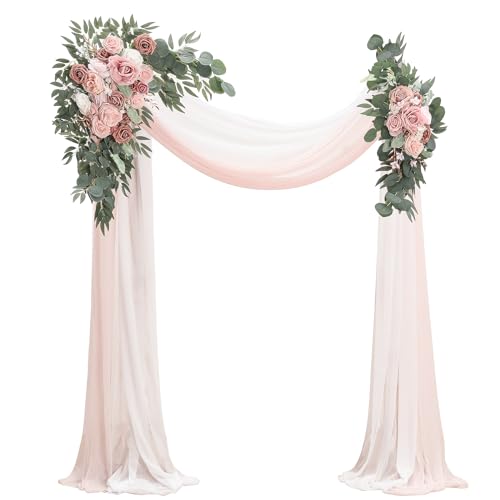 Floroom Arch Flowers with Drapes Kit (Pack of 4) - 2pcs Artificial Dusty Rose & Blush Floral Swag Arrangement with 2pcs Draping Fabric for Wedding Ceremony Arbor and Reception Backdrop Decoration - color: Dusty Rose
