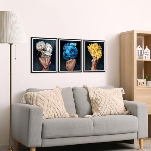 3 Piece Abstract Canvas Wall Art Sexy Women Nude Posters Wall Decor Girls with Colorful Flowers Head Prints Artwork for Living Room Bedroom Bathroom Hotel Framed Ready to Hang 12x16inchx3pcs - color: Art01, size: 12x16x3Pcs Black Framed