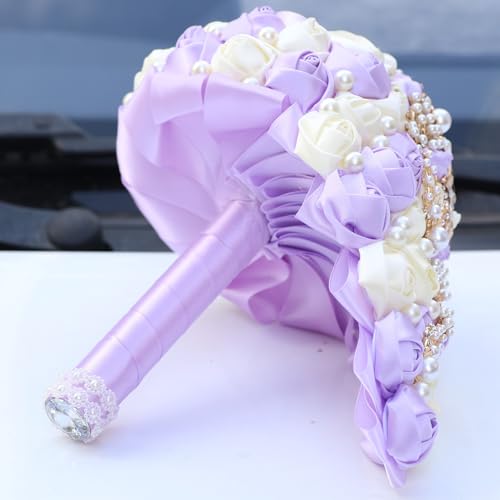 Handmade Satin Rose Water Drop Bridal Bouquet,8.7inch Crystal Wedding Round Tossing Bouquet,Jewelry Proposal Bridesmaid Bouquet Groom Corsage Bride Wrist Flower Ivory (Light Purple&Ivory) - color: Light Purple&ivory