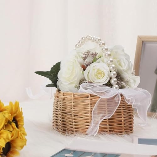 Flower Girl Basket, Wicker Rattan Wedding Flower Basket with Pearl Handle, Lace Bows and Lining, Handwoven Rustic Elegant Small Basket for Wedding Party Home Garden Decoration Outdoor Picnic