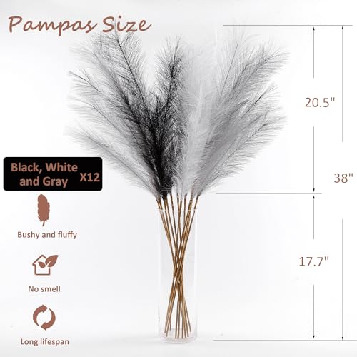 12PCS Faux Pampas Grass 38" Black White Gray for Floor Vase | Artificial Pompous Grass, Large Fake Pompas Branches, Floor Vase Filler, For Flower Arrangement Home Decor - color: Black&white&gray