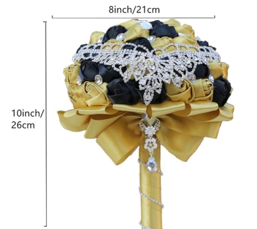 Handmade Luxury Wedding Bridal Bouquet Large Silk Rose Holding Toss Artificial Flowers Bouquets with Satin Ribbon Pearls Rhinestone for Bride Vintage Royal Wedding Bouquet (Black + Golden) - color: Black + Golden