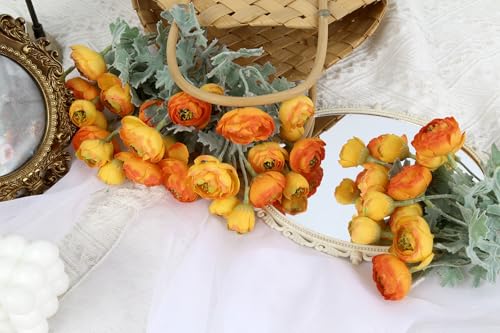 3 Bundles Mini Faux Silk Peony Bouquets,9.84" Artificial Ranunculus Flowers Fake Peony Flowers for Wedding, Home, Party Decoration(Orange) - color: Orange