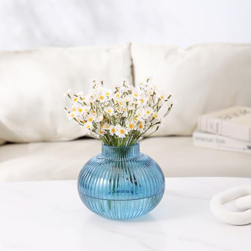 Blue Glass Vase for Tulips, Ribbed Glass Vase for Flowers, Round Flower Vases, Small Short Vases for Living Room, Office, Coffee Table, Shelf, Wedding, 6 Inches - color: Blue, size: Round 6 Inches