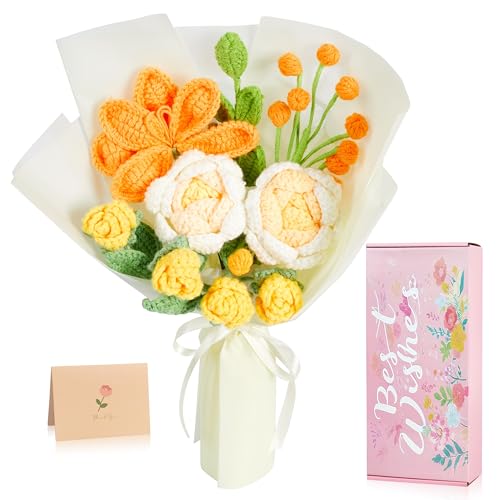 Crochet Flower Bouquet for Mom, Valentines Handmade Crochet Flowers Gifts, Knitted Tulips Rose Bouquet for Women Birthday Graduation Gifts (Orange) - color: Z-orange