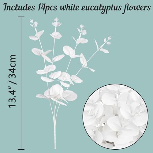Yen Jean 14PCS White Eucalyptus Artificial Faux Flowers for Decoration - Fake Silk Stems in Vase Christmas Holiday Winter Wedding Home Decor - style: white