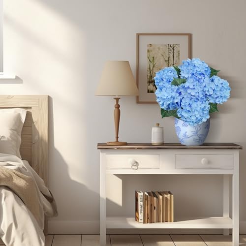 6PCS Premium Blue Silk Hydrangea Artificial Flowers Bouquets - Realistic Fake Hydrangea with Stems, Faux Flower Arrangement for Home Wedding Party Baby Shower Table Centerpieces Decoration - color: Blue Light Blue