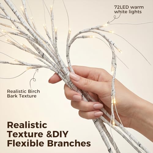 Bexdir Birch Vine with Lights with Timer 6ft 72LED, Artificial Tree for Walls Birch Twig for Room Decor Mantle Fireplace Holiday Christmas Decorations Birch Branches - Battery Operated - color: White