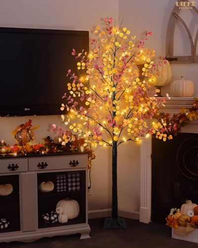 Uieke 6FT 96LED Lighted Thanksgiving Eucalyptus Tree Artificial Tree with 24PCS Pumpkin Lights 8 Modes Thanksgiving Fall Decorations for Home Autumn Decor Indoor Outdoor - style: 6FT Fall Tree(1Pack)
